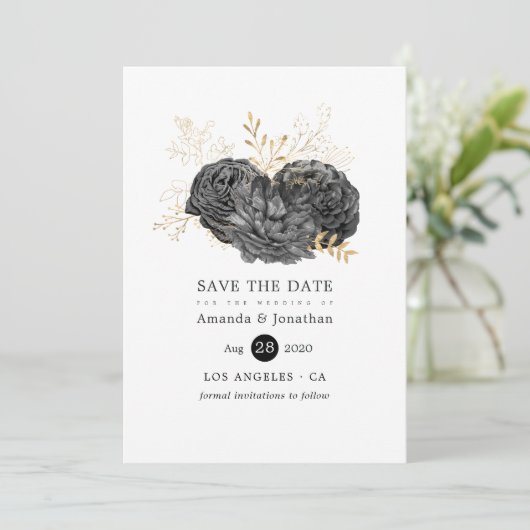 ヴィンテージブラックおよび金ゴールドフローラ結婚の セーブザデート (スタンド正面)