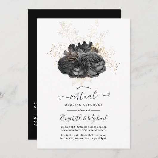 ヴィンテージブラックおよび金ゴールドフローラ結婚Virtual 招待状 (正面/裏面)