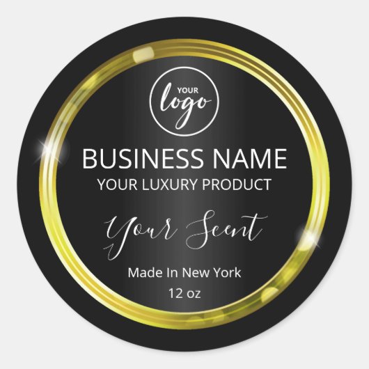 ヴィンテージブラックおよび金ゴールドロゴ製品ラベル ラウンドシール (正面)