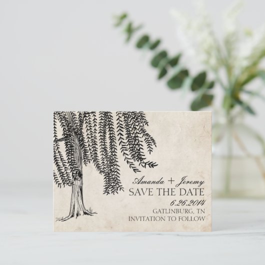 ヴィンテージブラックしだれ柳Save The Date 案内ポストカード (スタンド正面)