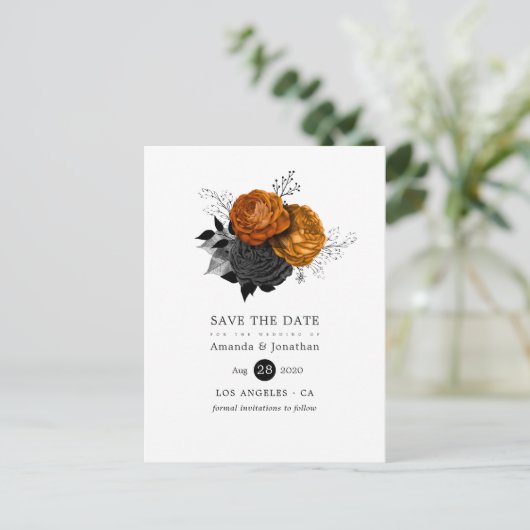 ヴィンテージブラックとオレンジハロウィン結婚フローラ 案内ポストカード (スタンド正面)