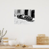 ヴィンテージブラックとホワイト古いレーシングカーの写真のポスト ポスター (キッチン)