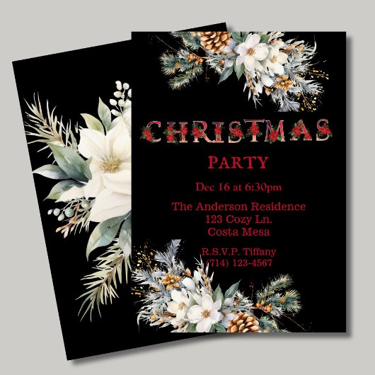 ヴィンテージブラックとレッドの緑のクリスマスパーティー 招待状