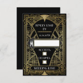 ヴィンテージブラックと金ゴールドアールデコ結婚のRSVPカード 出欠カード (正面/裏面)