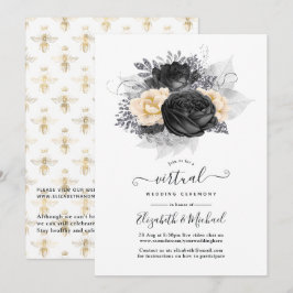 ヴィンテージブラックと金ゴールドフローラミツバチ結婚Virtual 招待状