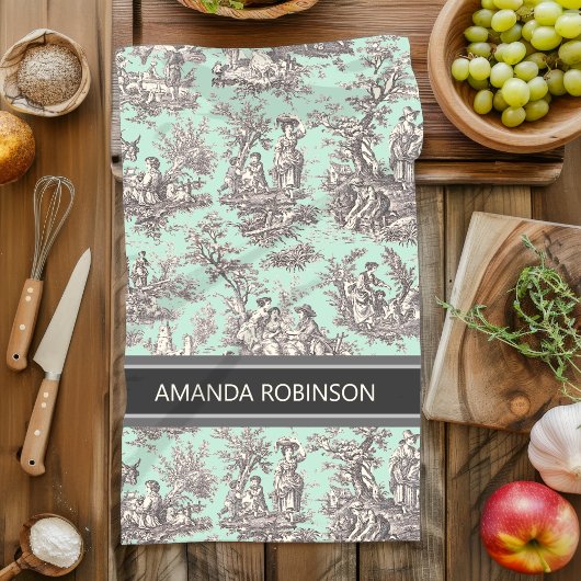 ヴィンテージブラックのミントワールデジュウプリント キッチンタオル