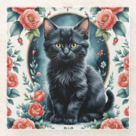 ヴィンテージブラックの子猫と牡丹 ガラスコースター