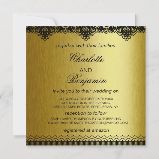 ヴィンテージブラックアンド金ゴールドレース結婚式招待状 招待状 (裏面)