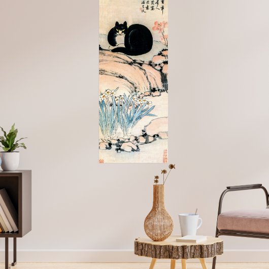 ヴィンテージブラックキャットと水仙by朱リン ポスター (リビング3)