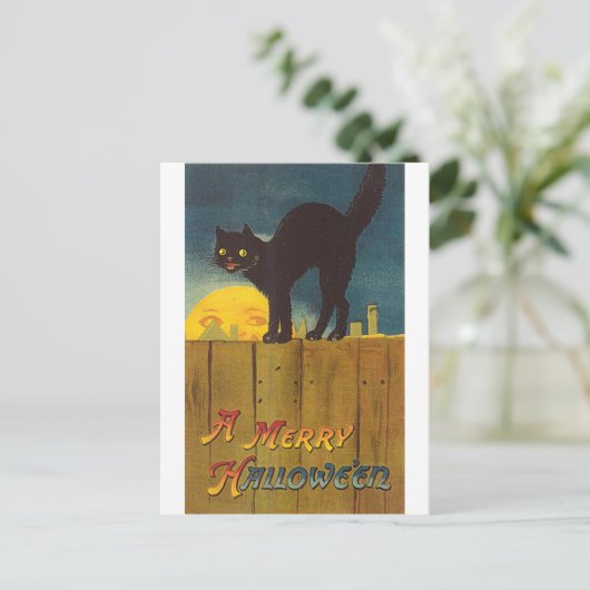 ヴィンテージブラックキャットをフェンスに乗せてハロウィンカード ポストカード (スタンド正面)