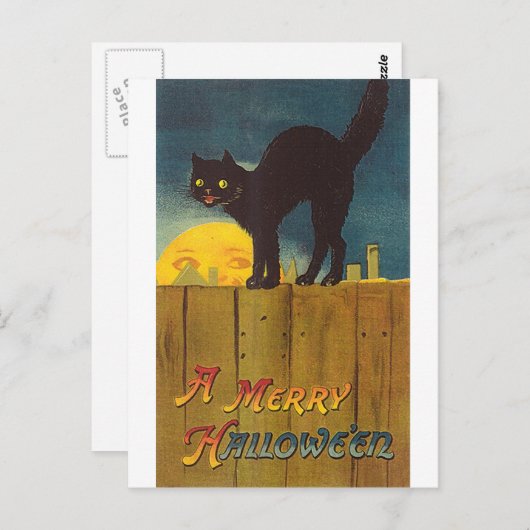 ヴィンテージブラックキャットをフェンスに乗せてハロウィンカード ポストカード (正面/裏面)