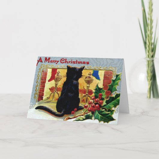 ヴィンテージブラックキャットアットクリスマスホリデー シーズンカード (正面)
