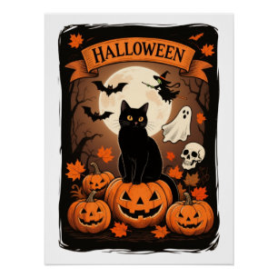 ヴィンテージブラックキャットカボチャ不気味ハローウィンパーティ ポスター