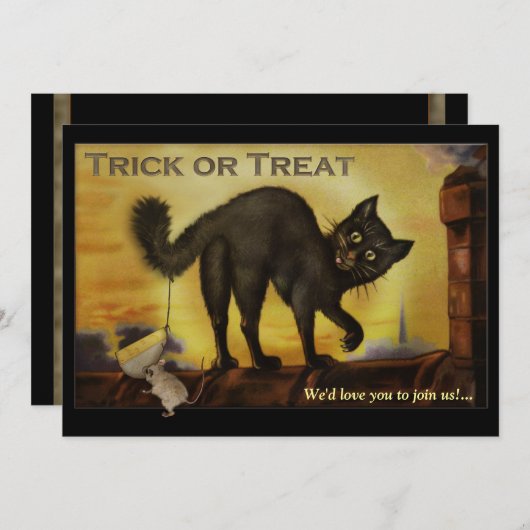 ヴィンテージブラックキャットハローウィンパーティ招待状 招待状 (正面/裏面)