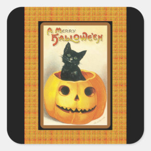 ヴィンテージブラックキャットパンプキンハロウィンステッカー スクエアシール
