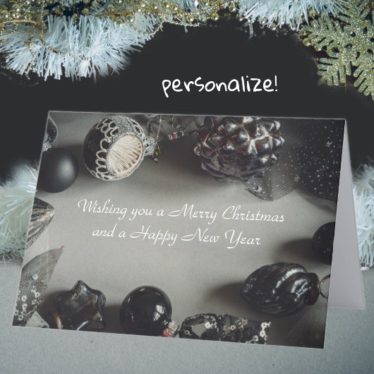 ヴィンテージブラッククリスマスオーナメントとリボン シーズンカード