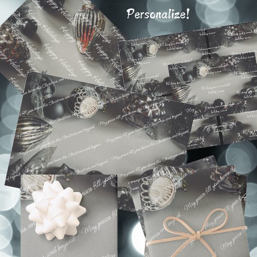 ヴィンテージブラッククリスマスオーナメントとリボン ラッピングペーパーシート