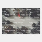 ヴィンテージブラッククリスマスオーナメントとリボン ラッピングペーパーシート (正面2)