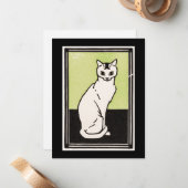 ヴィンテージブラックグリーンホワイトシッティングキャットイラストレーション ノートカード (正面/裏面インサイチュ)