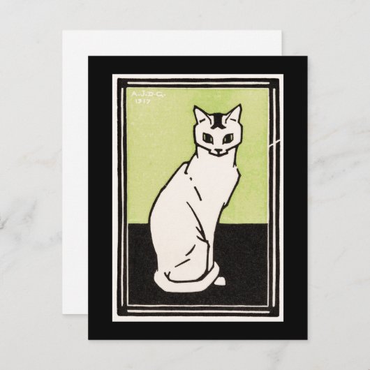 ヴィンテージブラックグリーンホワイトシッティングキャットイラストレーション ノートカード (正面/裏面)