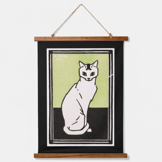 ヴィンテージブラックグリーンホワイトシッティングキャットイラストレーション 吊り下げ型タペストリー (正面)