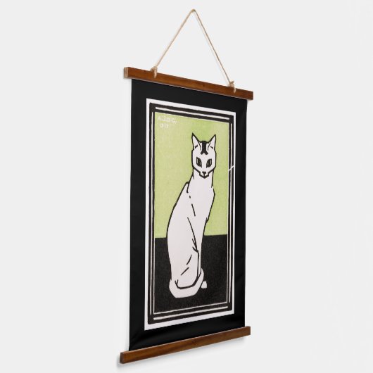 ヴィンテージブラックグリーンホワイトシッティングキャットイラストレーション 吊り下げ型タペストリー (傾斜あり)