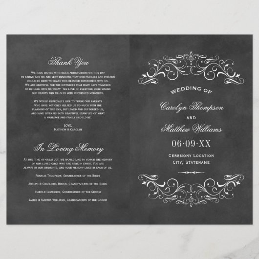 ヴィンテージブラックシャルボードフローリッシュ結婚式 プログラム (正面)