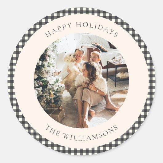 ヴィンテージブラックジンガムの格子状カスタムの写真クリスマス ラウンドシール (正面)