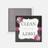 ヴィンテージブラックストライプフローラドットパープル食洗機 マグネット (正面/裏面)