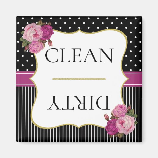 ヴィンテージブラックストライプフローラドットパープル食洗機 マグネット (正面)