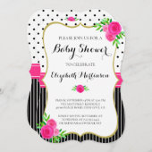 ヴィンテージブラックストライプフローラドットピンク赤ちゃんシャワー 招待状 (正面/裏面)