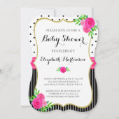 ヴィンテージブラックストライプフローラドットピンク赤ちゃんシャワー 招待状 (正面)