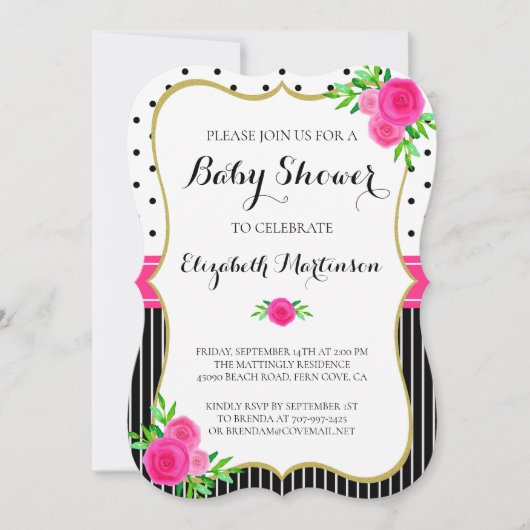 ヴィンテージブラックストライプフローラドットピンク赤ちゃんシャワー 招待状 (正面)
