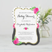 ヴィンテージブラックストライプフローラドットピンク赤ちゃんシャワー 招待状 (スタンド正面)