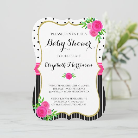 ヴィンテージブラックストライプフローラドットピンク赤ちゃんシャワー 招待状 (スタンド正面)