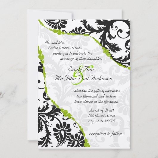 ヴィンテージブラックダマスクとApple Greenつる植物 招待状 (正面)
