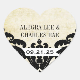 ヴィンテージブラックダマスクウェディングステッカー ハートシール