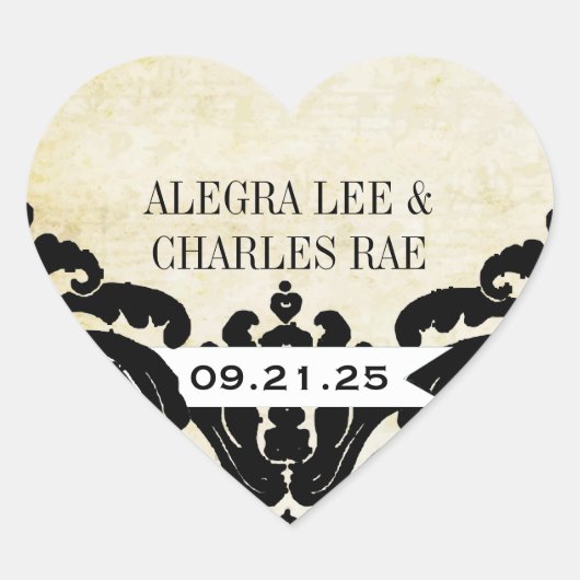 ヴィンテージブラックダマスクウェディングステッカー ハートシール (正面)