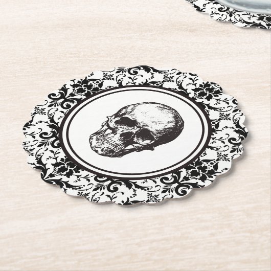 ヴィンテージブラックダマスクパターンスカルハロウィーン ペーパーコースター (アングル)