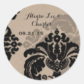 ヴィンテージブラックダマスクブラウン紙結婚ズシール ラウンドシール (正面)