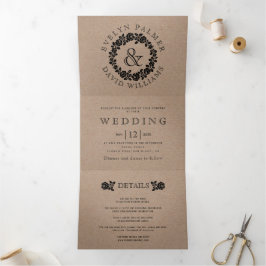 ヴィンテージブラックバラリースクラフト結婚ダンボール 三つ折り招待状