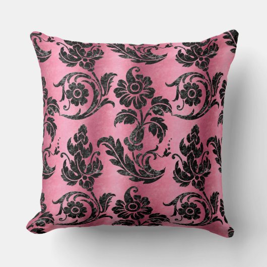 ヴィンテージブラックフローラダマスクピンクパターン クッション (正面)