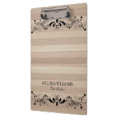 ヴィンテージブラックフローラレース付きベージュ木材テクスチャ クリップボード (左)