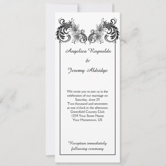 ヴィンテージブラックフローラ旋回結婚式招待状 招待状 (正面)
