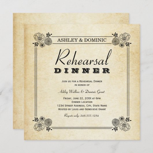 ヴィンテージブラックフローラ結婚のリハーサルディナー 招待状 (正面/裏面)