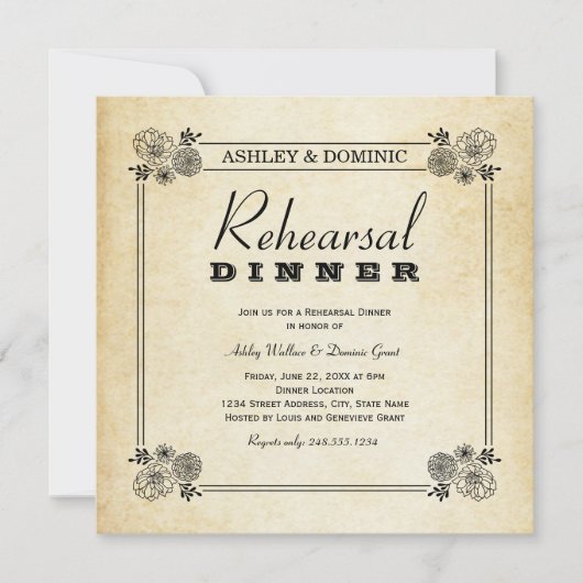 ヴィンテージブラックフローラ結婚のリハーサルディナー 招待状 (正面)