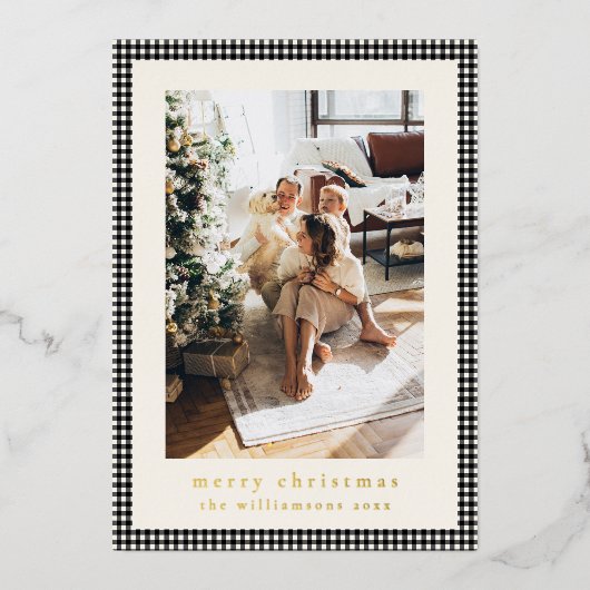 ヴィンテージブラックプレイド2枚の垂直な写真クリスマス 箔シーズンカード (正面)