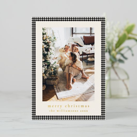 ヴィンテージブラックプレイド2枚の垂直な写真クリスマス 箔シーズンカード (立ち正面)