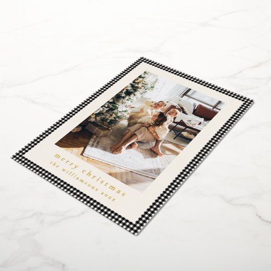 ヴィンテージブラックプレイド2枚の垂直な写真クリスマス 箔シーズンカード (回転した状態)