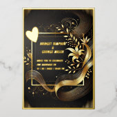 ヴィンテージブラックモダン金ゴールド結婚アールデコ実在の 箔招待状 (正面)